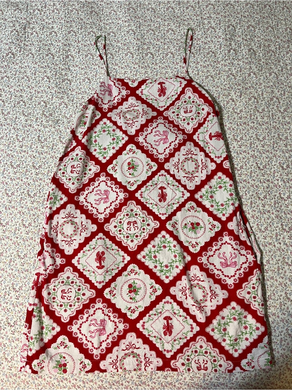 Monteau Los Angeles Red Patterned Spaghetti-Strap Linen Blend Dress. Med